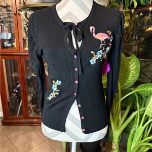 Vintage Style Cardigan with Flamingo Embroidery